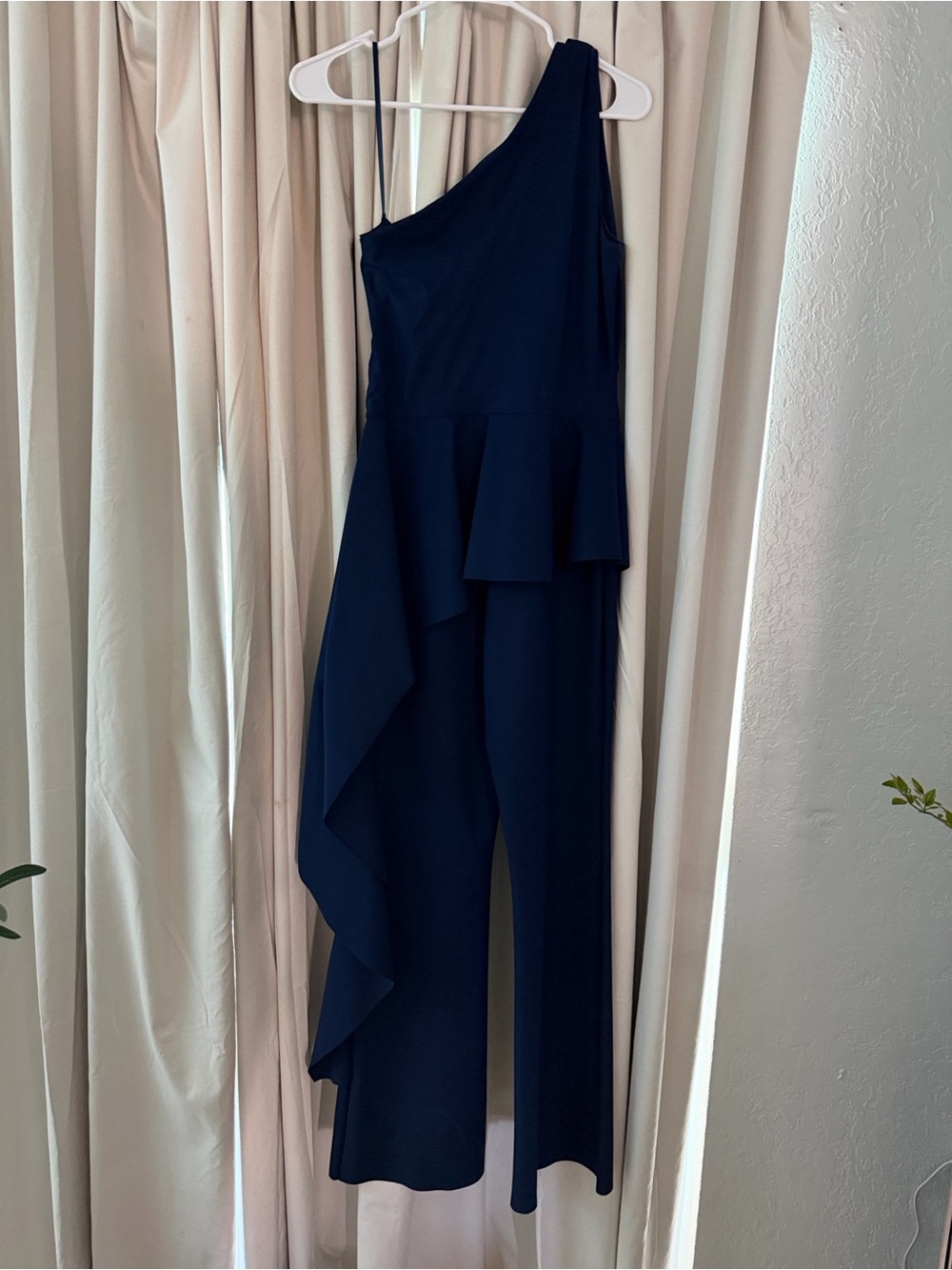 Chiara Boni Asymmetric One-Shoulder Navy Jumpsuit with Ruffle Cascade